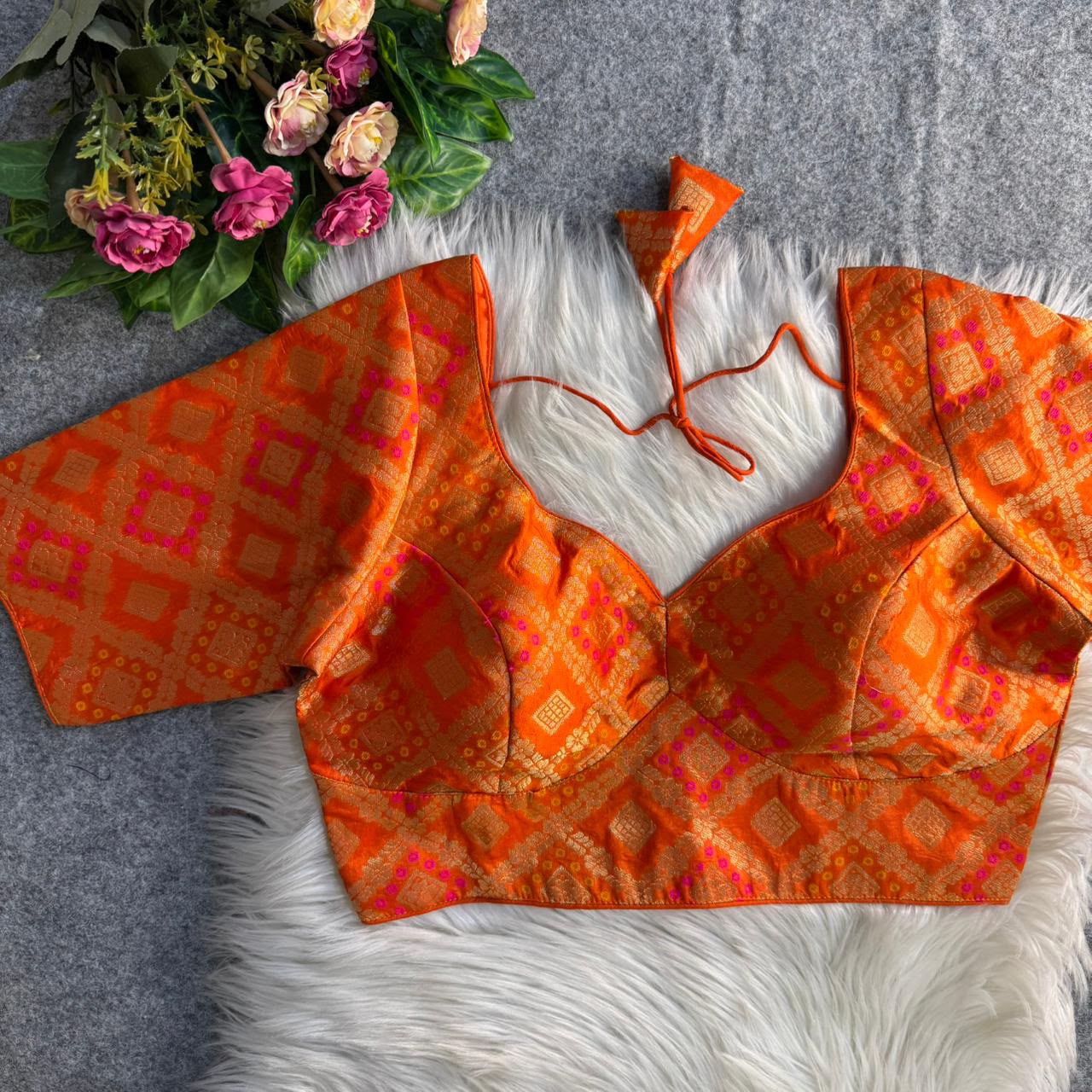 Sabyasachi-Style Patoda Banarasi Blouse-Orange